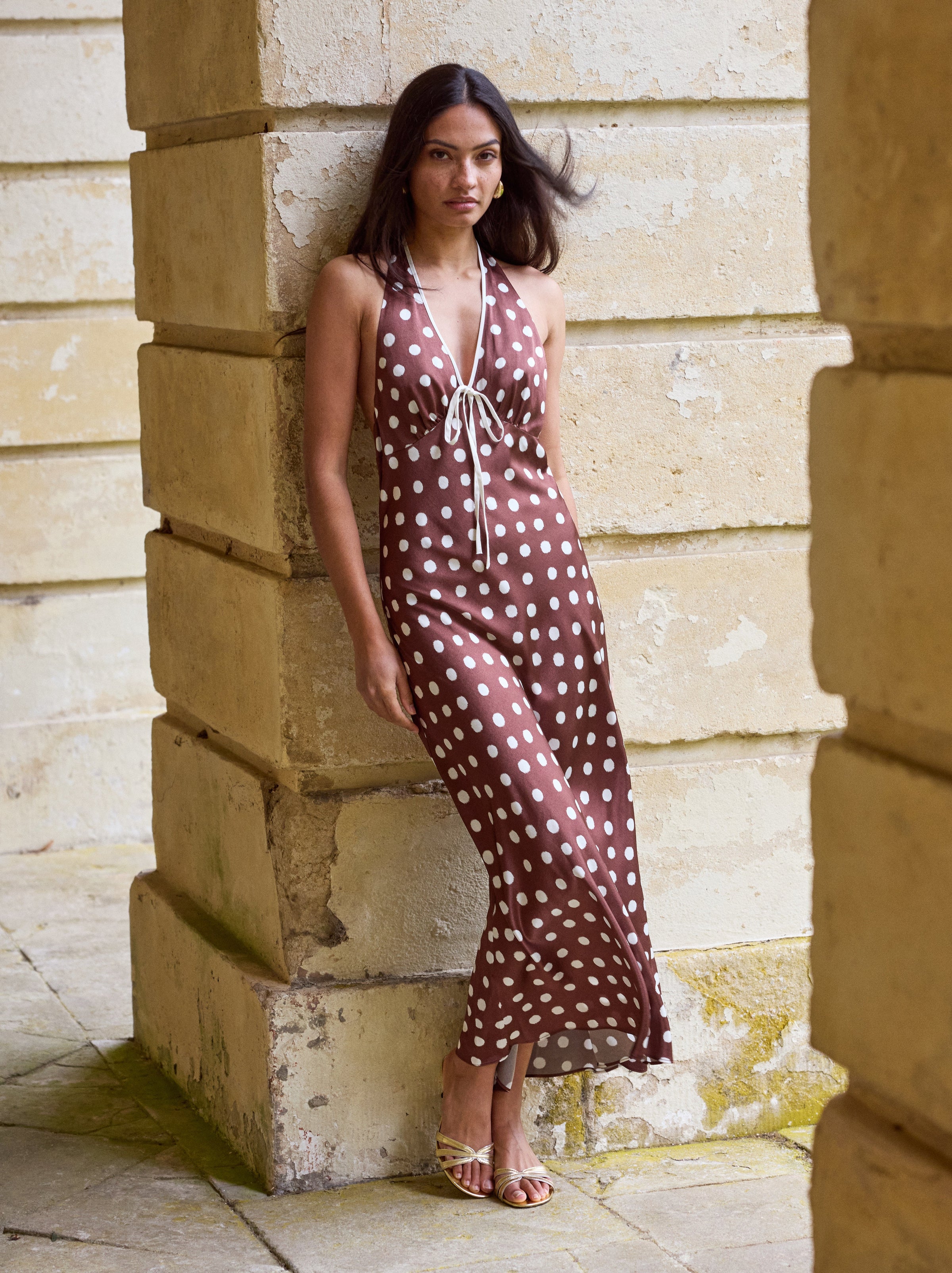 Amalia Chocolate Blurred Polka Dot Print Halter Dress