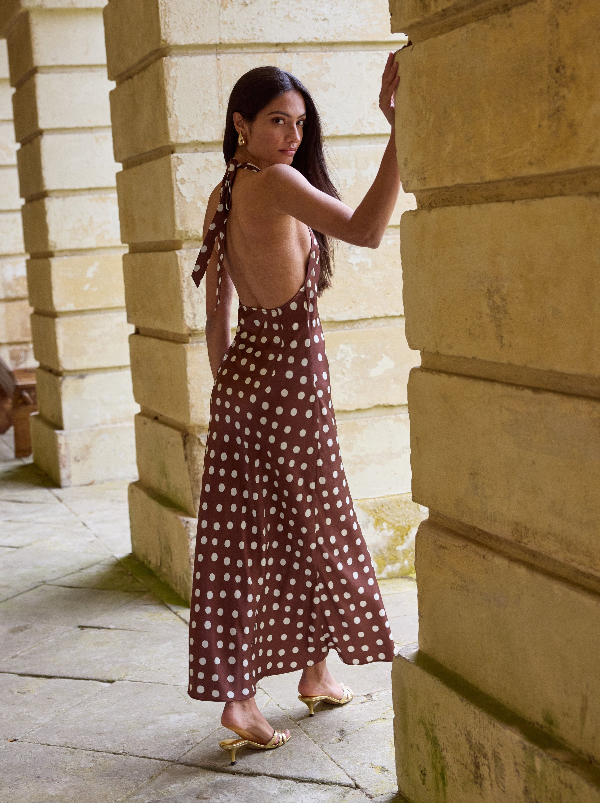 Amalia Chocolate Blurred Polka Dot Print Halter Dress