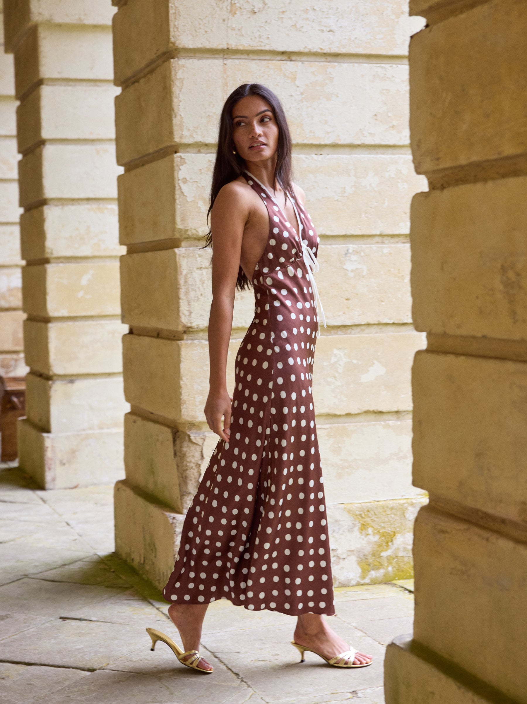 Amalia Chocolate Blurred Polka Dot Print Halter Dress