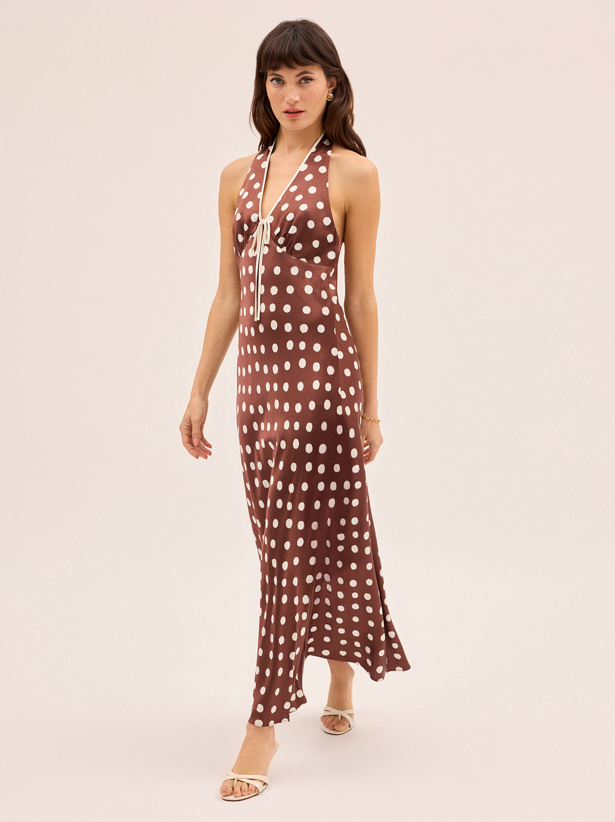 Amalia Chocolate Blurred Polka Dot Print Halter Dress