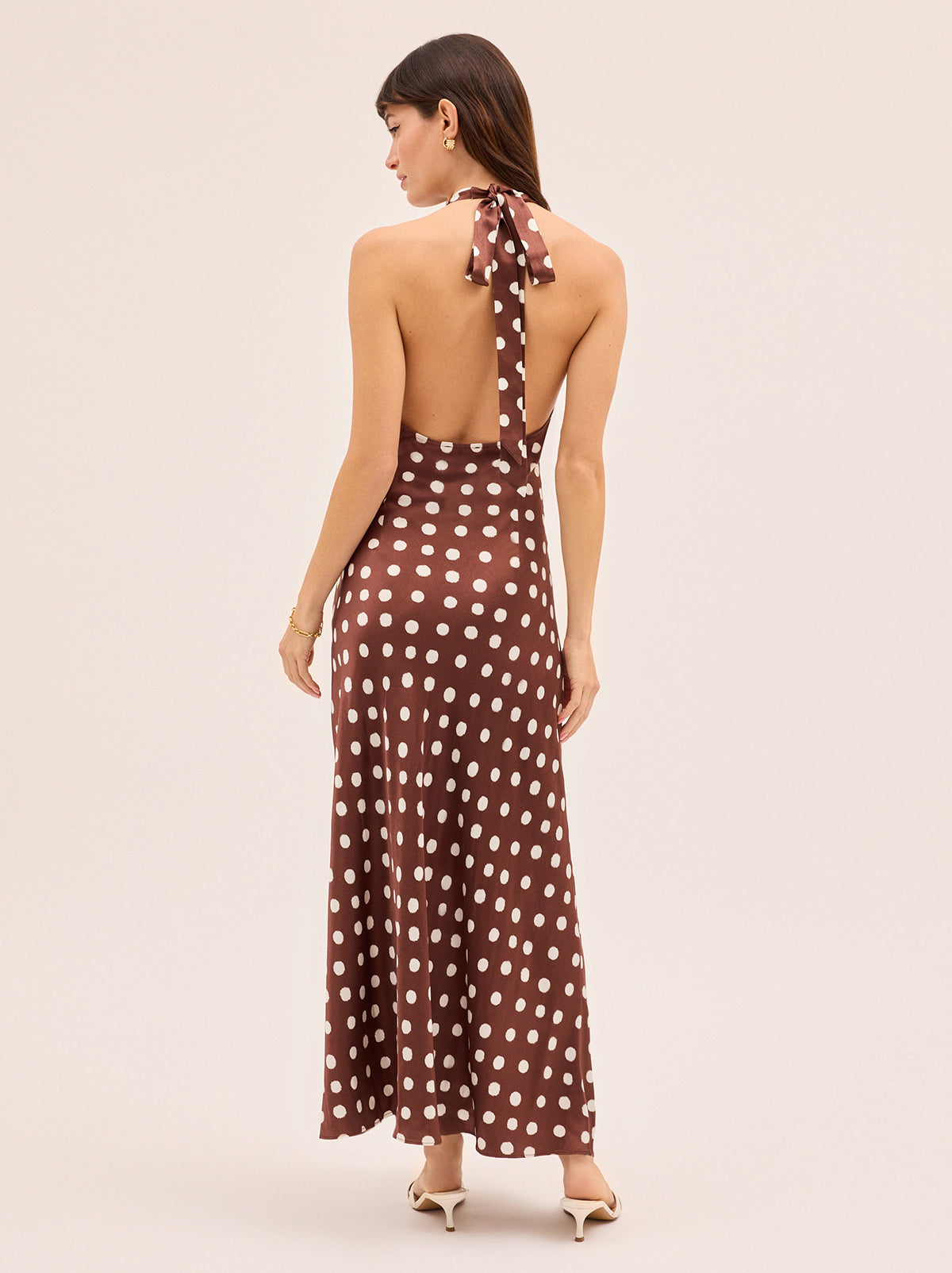 Amalia Chocolate Blurred Polka Dot Print Halter Dress