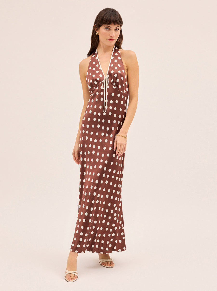 Amalia Chocolate Blurred Polka Dot Print Halter Dress