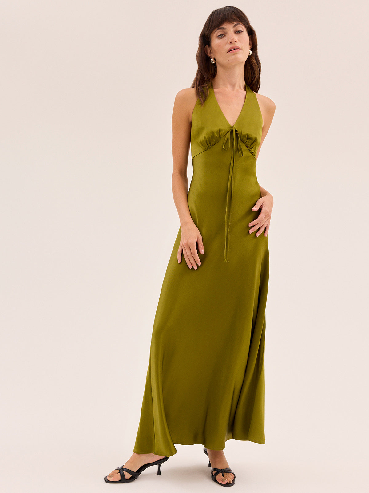 Amalia Olive Satin Halterneck Dress