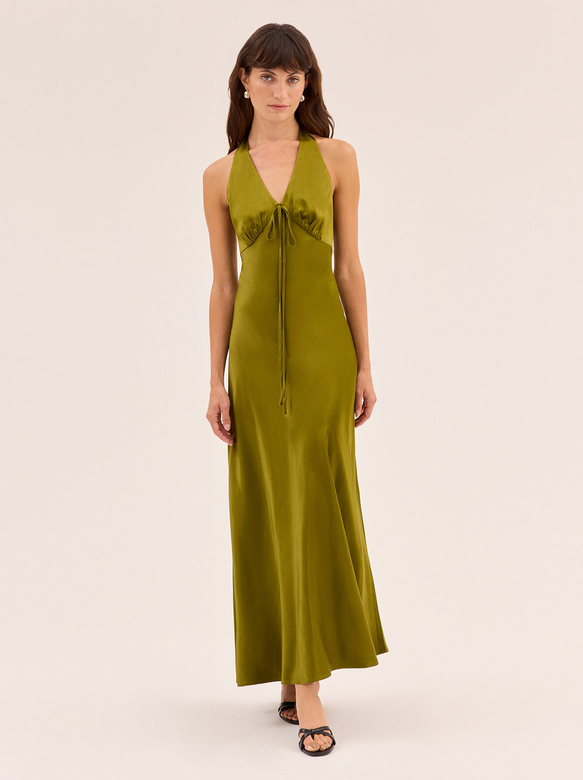 Amalia Olive Satin Halterneck Dress