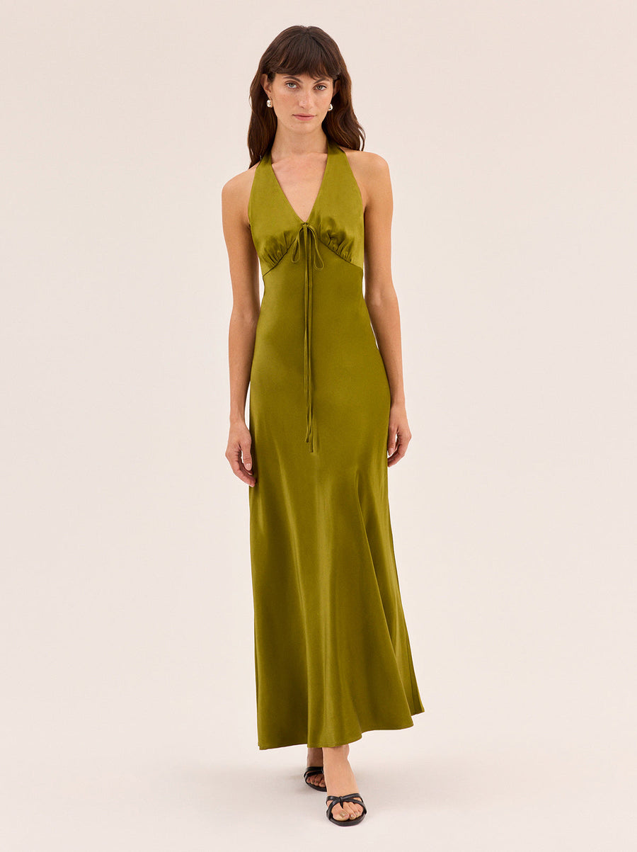 Amalia Olive Satin Halterneck Dress