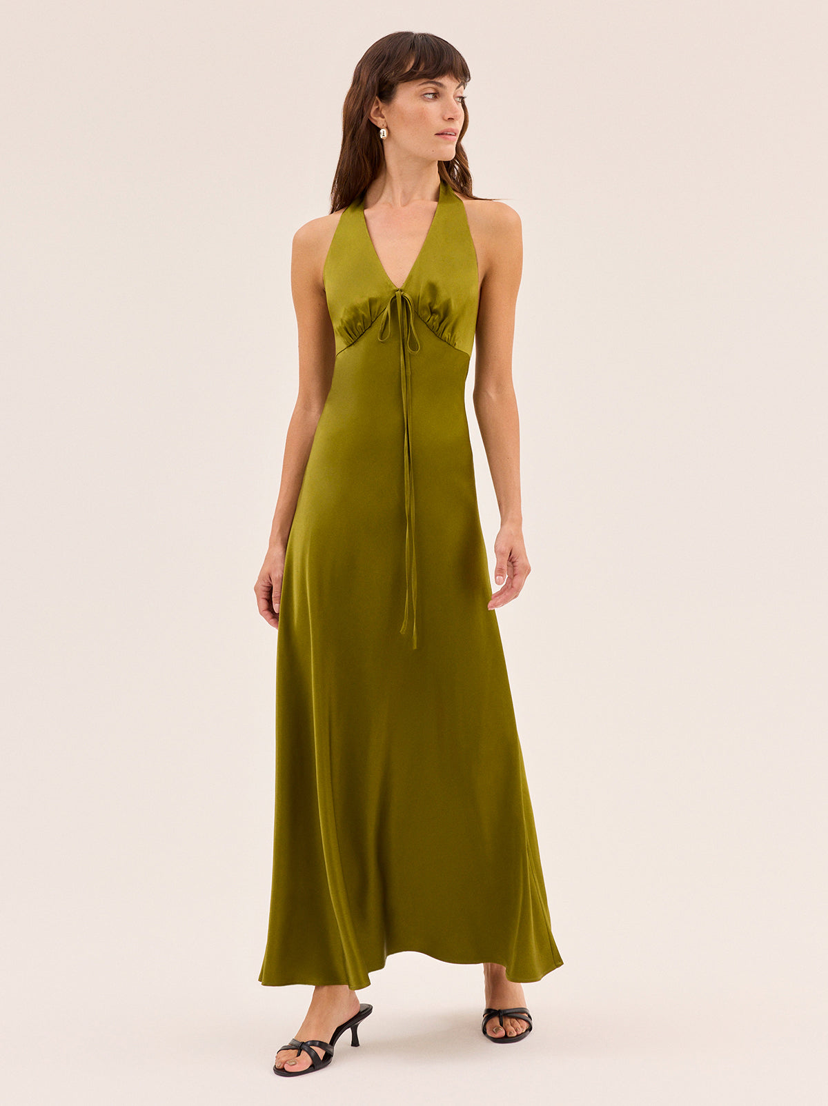 Amalia Olive Satin Halterneck Dress