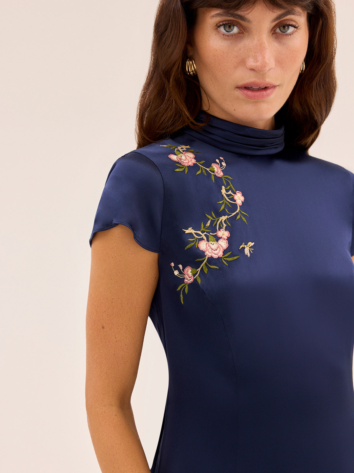 Amira Navy Satin Embroidered Mini Dress