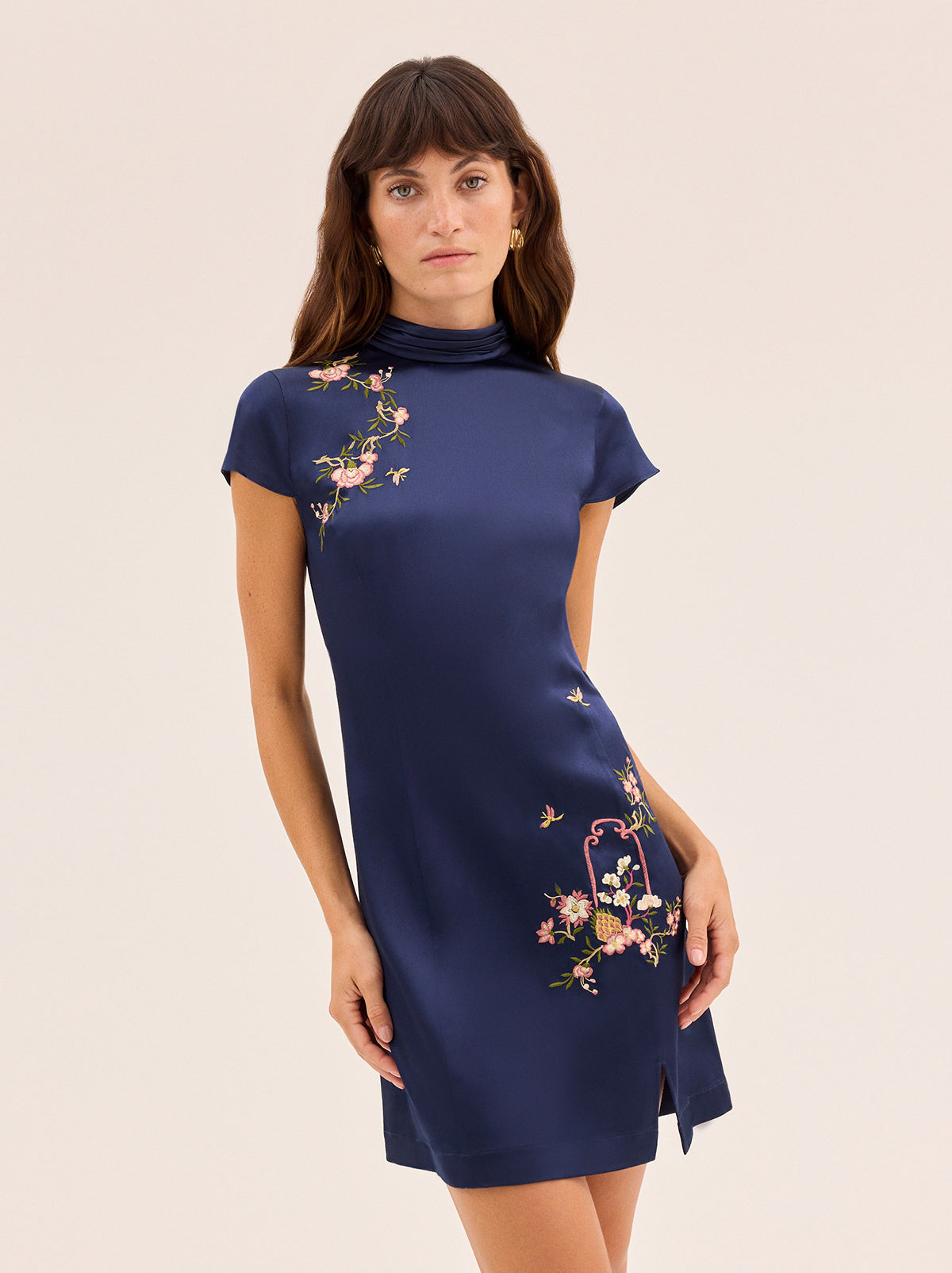 Amira Navy Satin Embroidered Mini Dress
