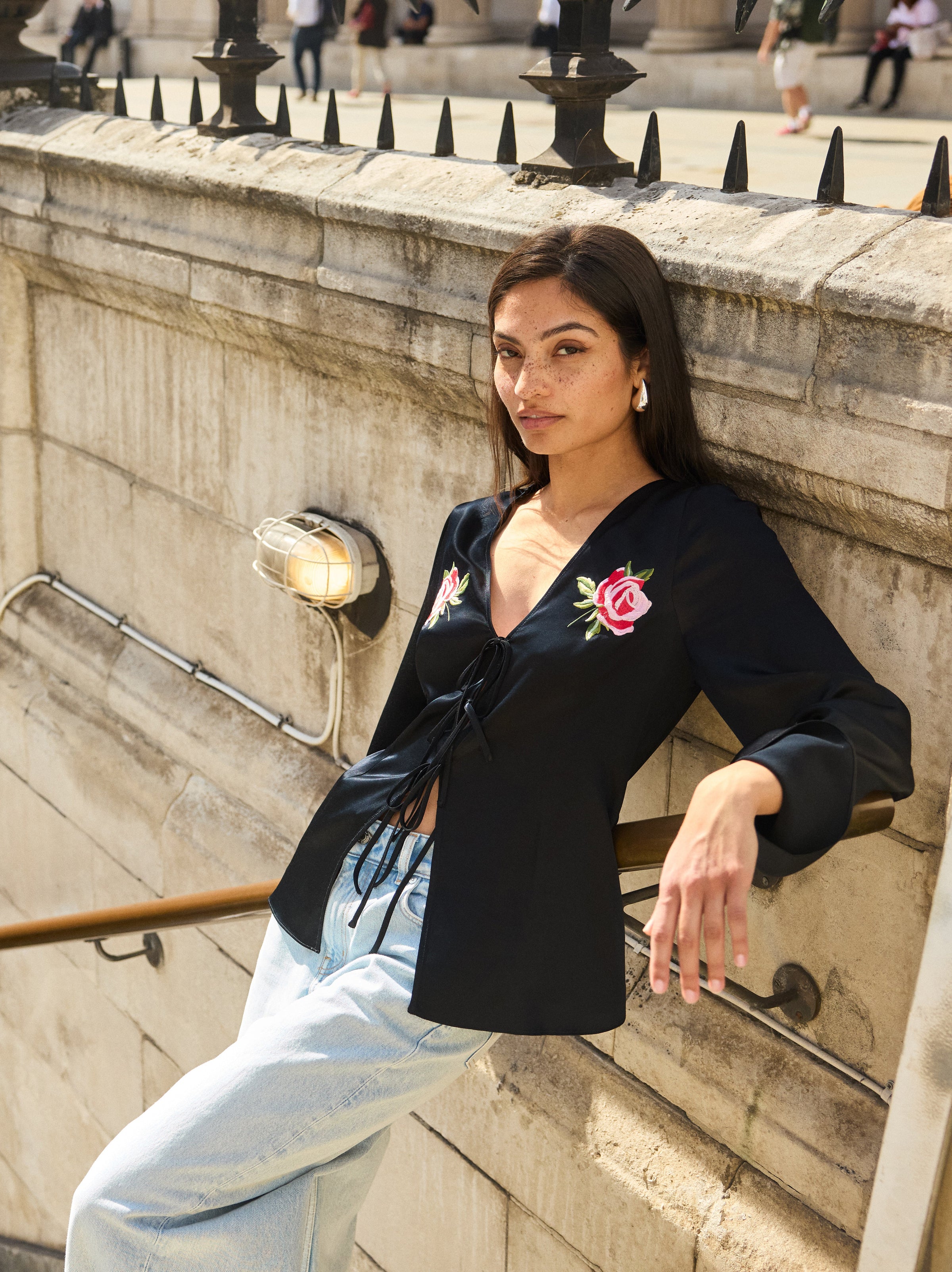 Brooke Embroidered Black Satin Top