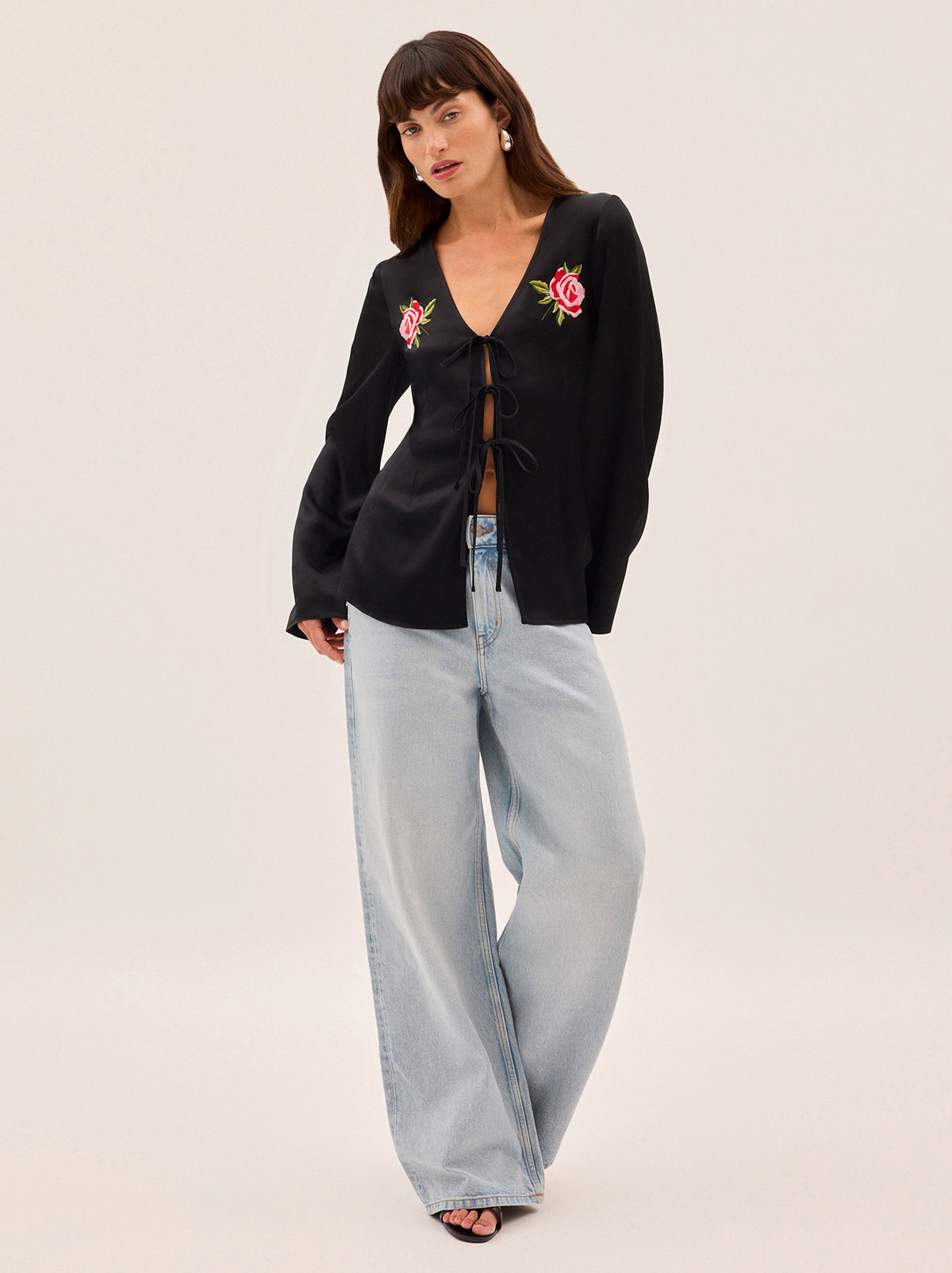 Brooke Embroidered Black Satin Top