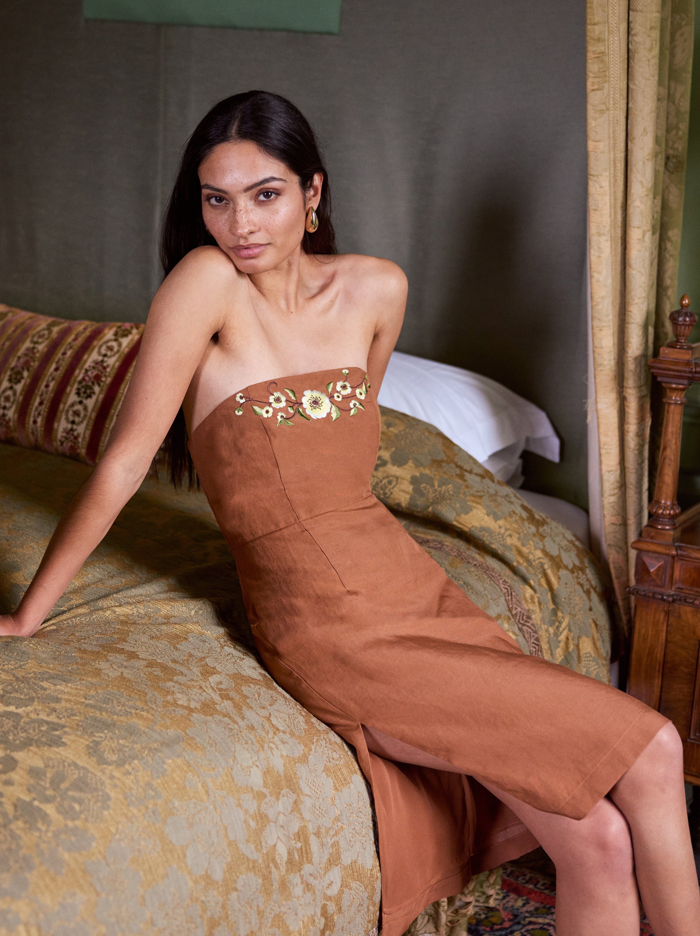 Cara Pecan Embroidered Strapless Dress