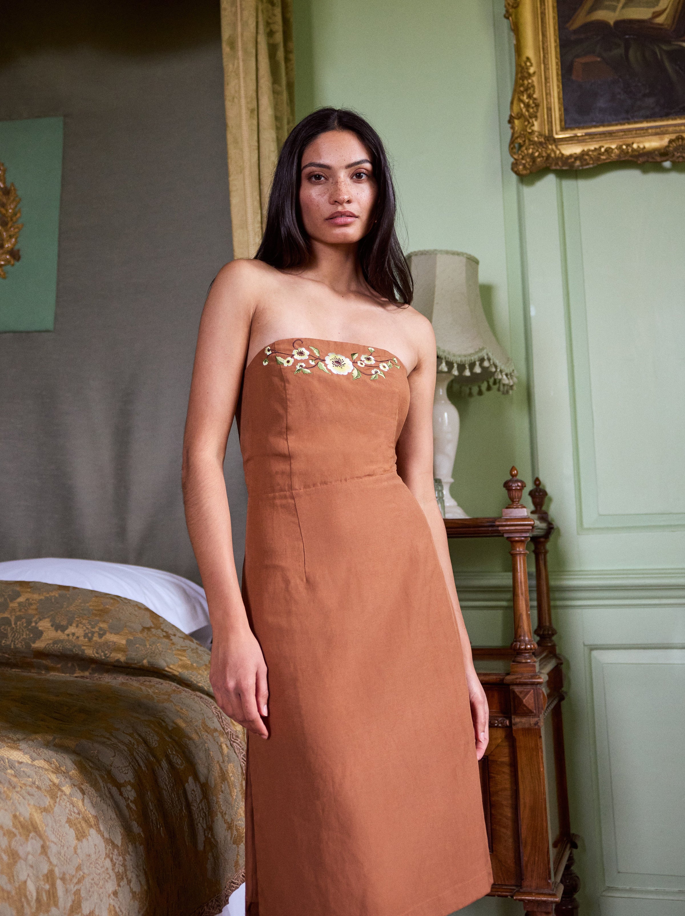 Cara Pecan Embroidered Strapless Dress