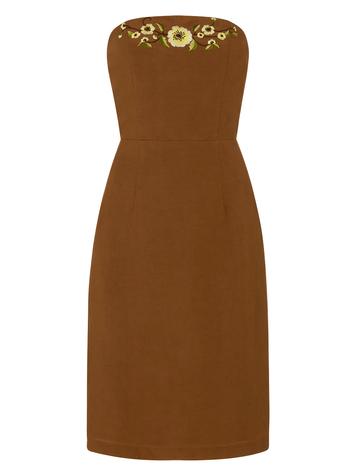 Cara Pecan Embroidered Strapless Dress
