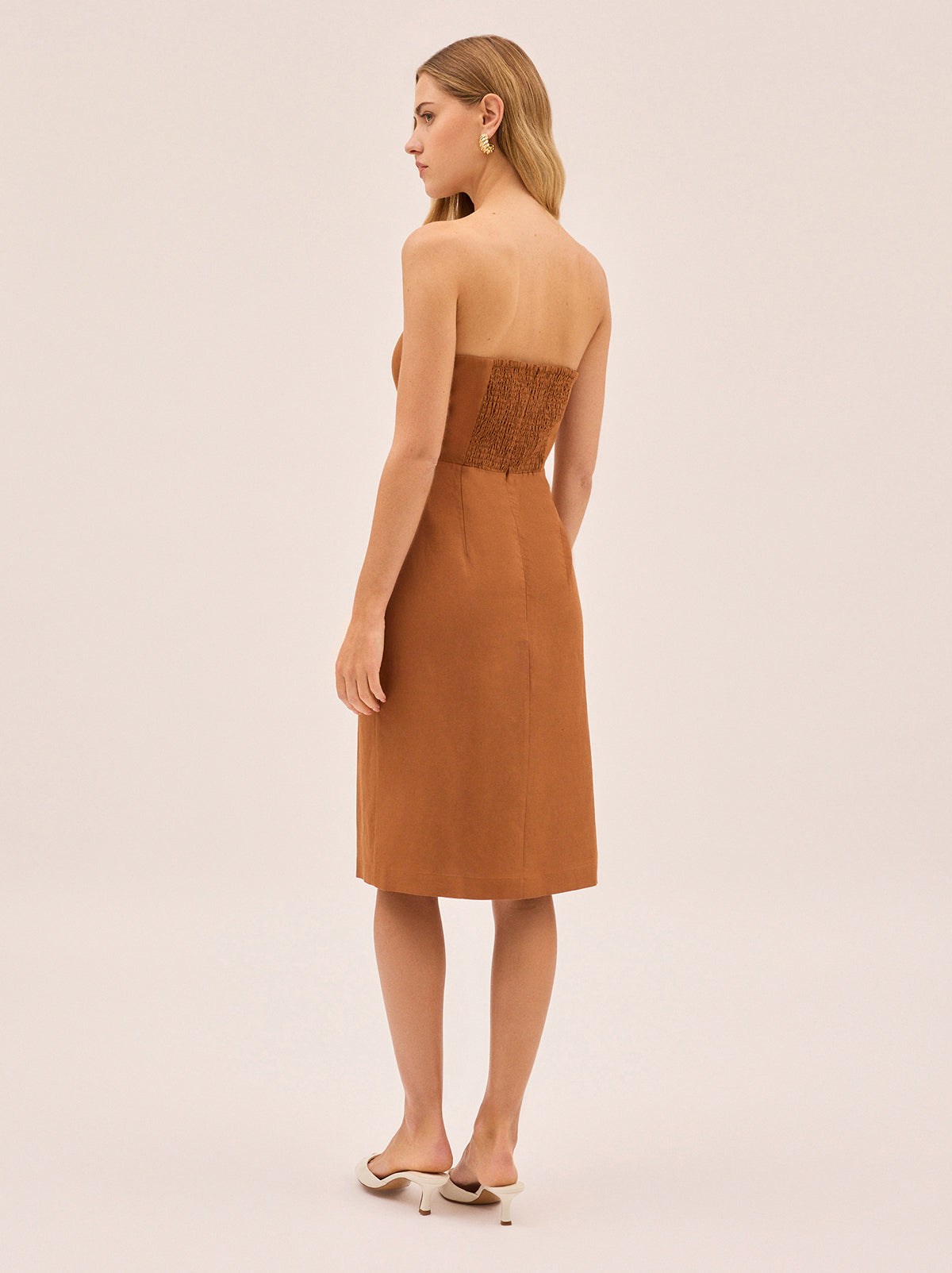 Cara Pecan Embroidered Strapless Dress