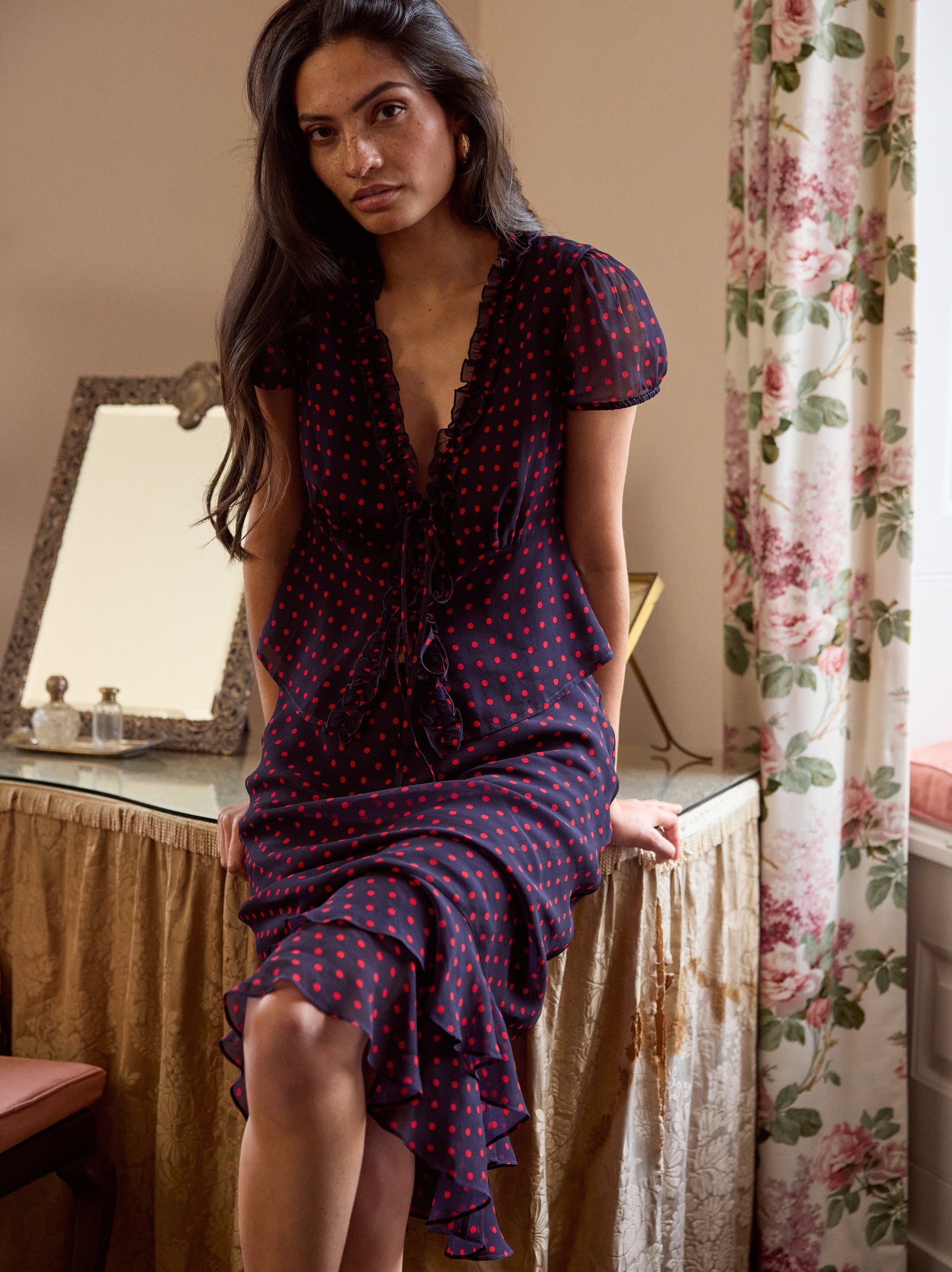 Cecily Navy Pin Dot Print Top