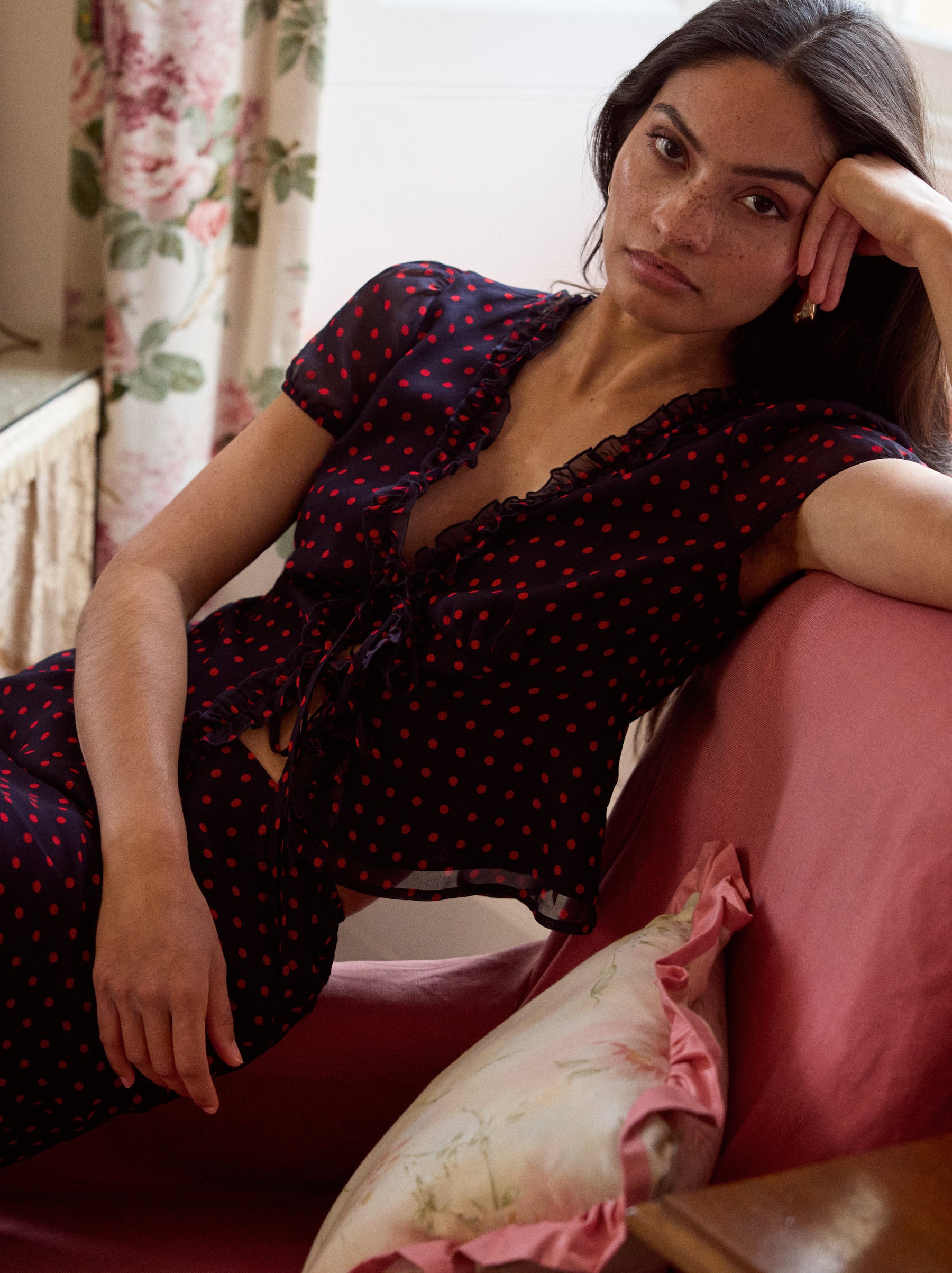 Cecily Navy Pin Dot Print Top