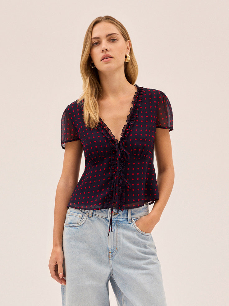 Cecily Navy Pin Dot Print Top