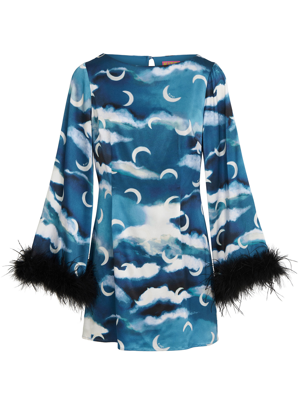 Celina Blue Cloud Print Feather Mini Dress