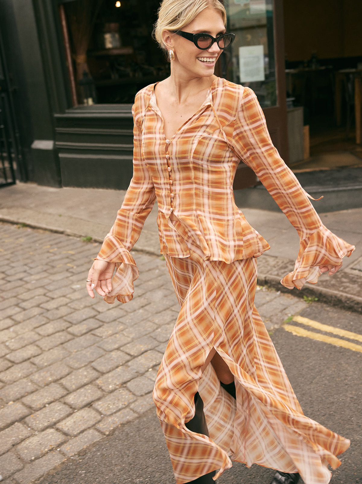 Zoe Apricot Check Print Skirt
