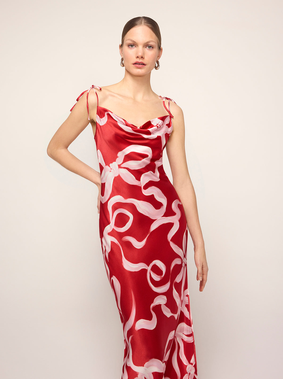 Cindy Red Ribbon Print Maxi Dress