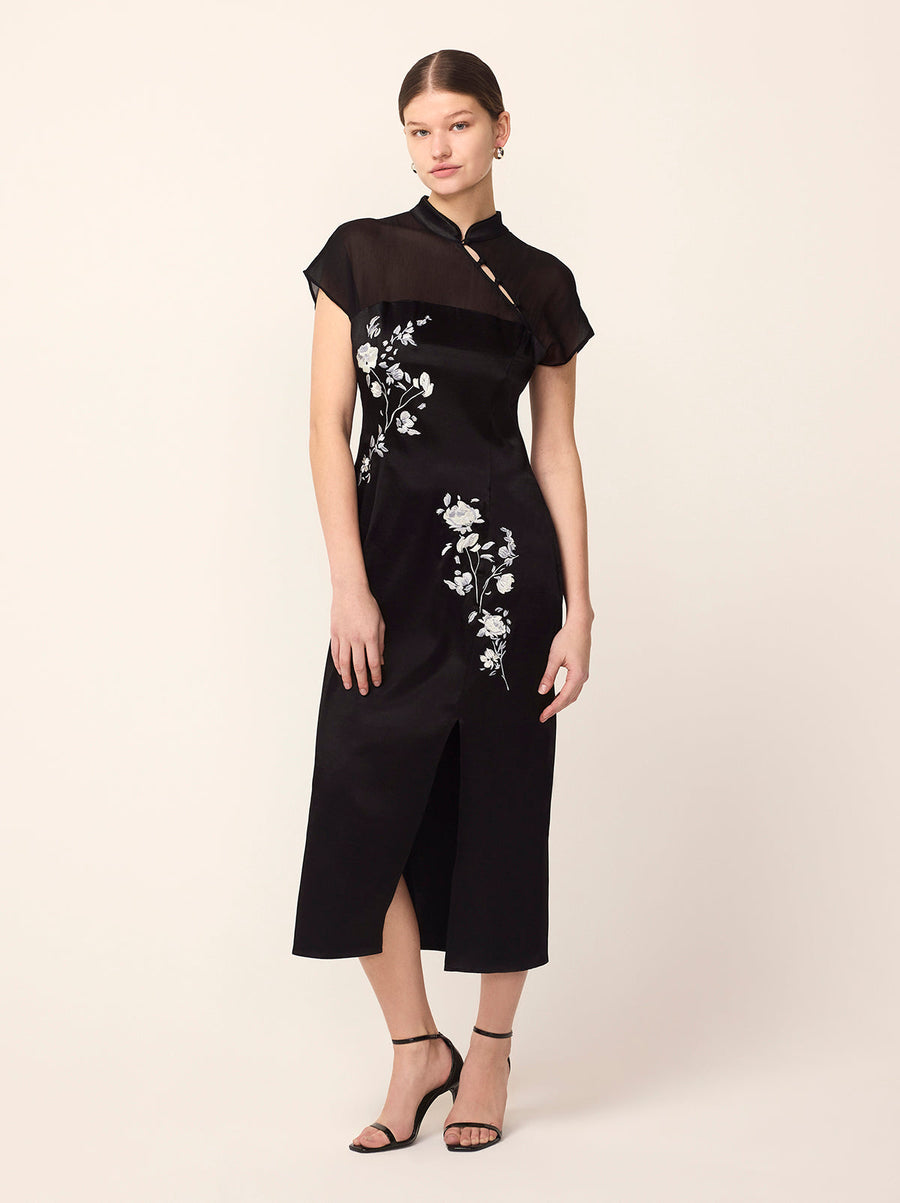 Clio Black Embroidered Midi Dress