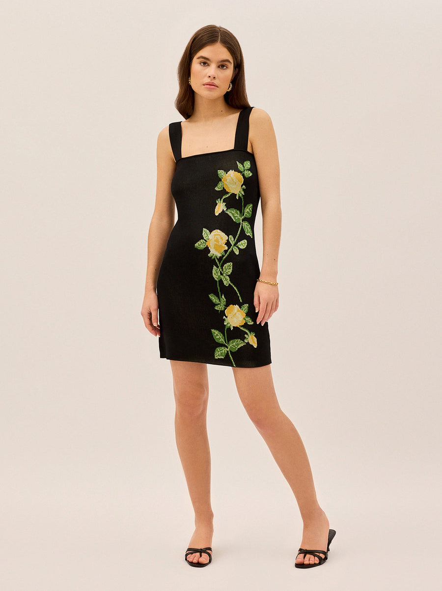 Corrine Black Rose Knit Mini Dress