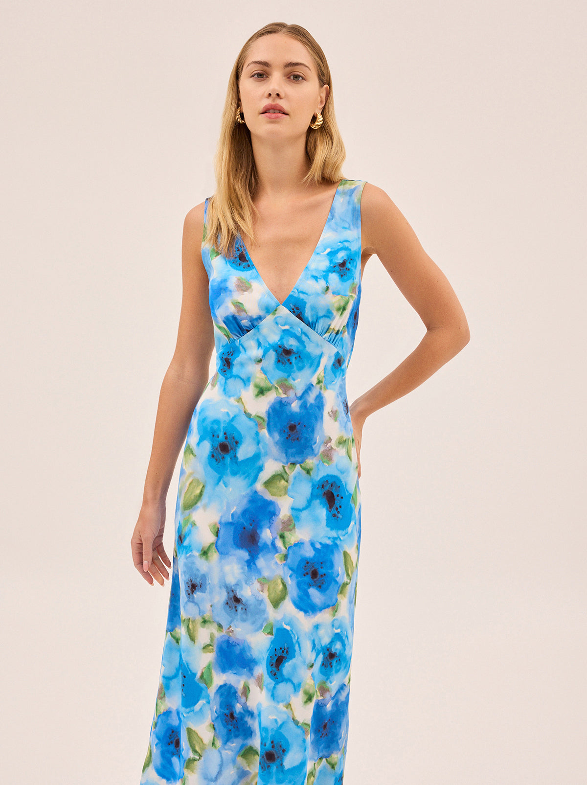 Danna Blue Watercolour Poppy Print Dress