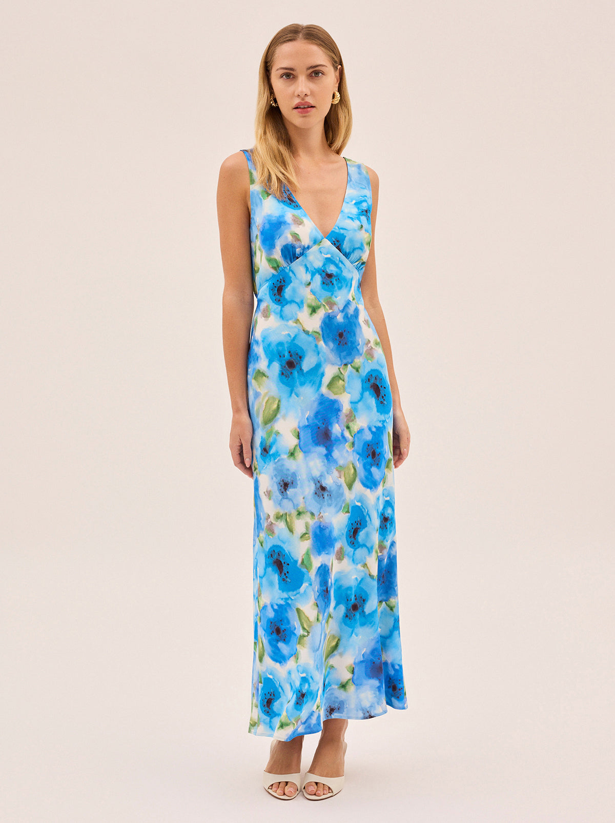 Danna Blue Watercolour Poppy Print Dress