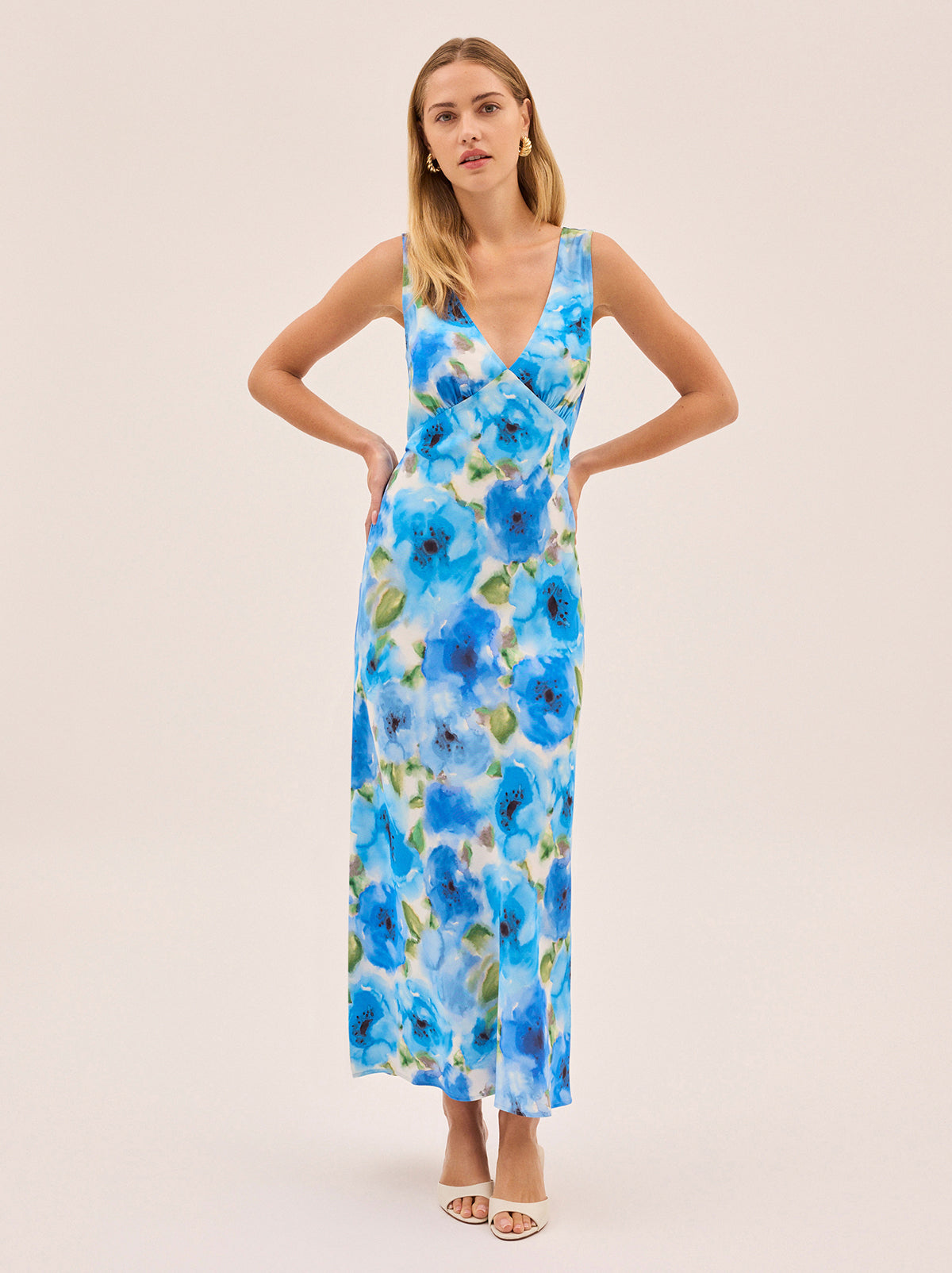 Danna Blue Watercolour Poppy Print Dress