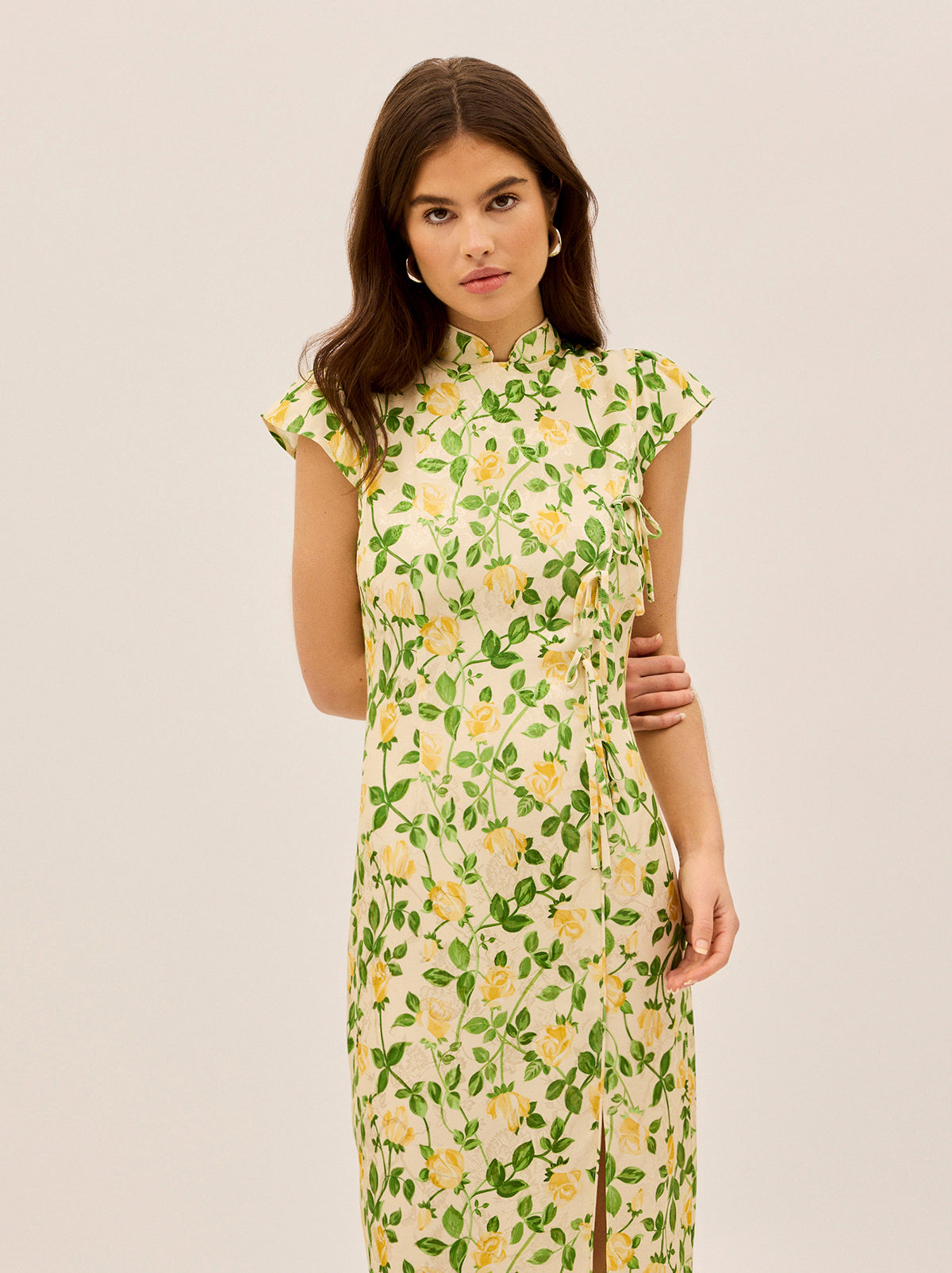 Elena Yellow Rose Printed Jacquard Dress