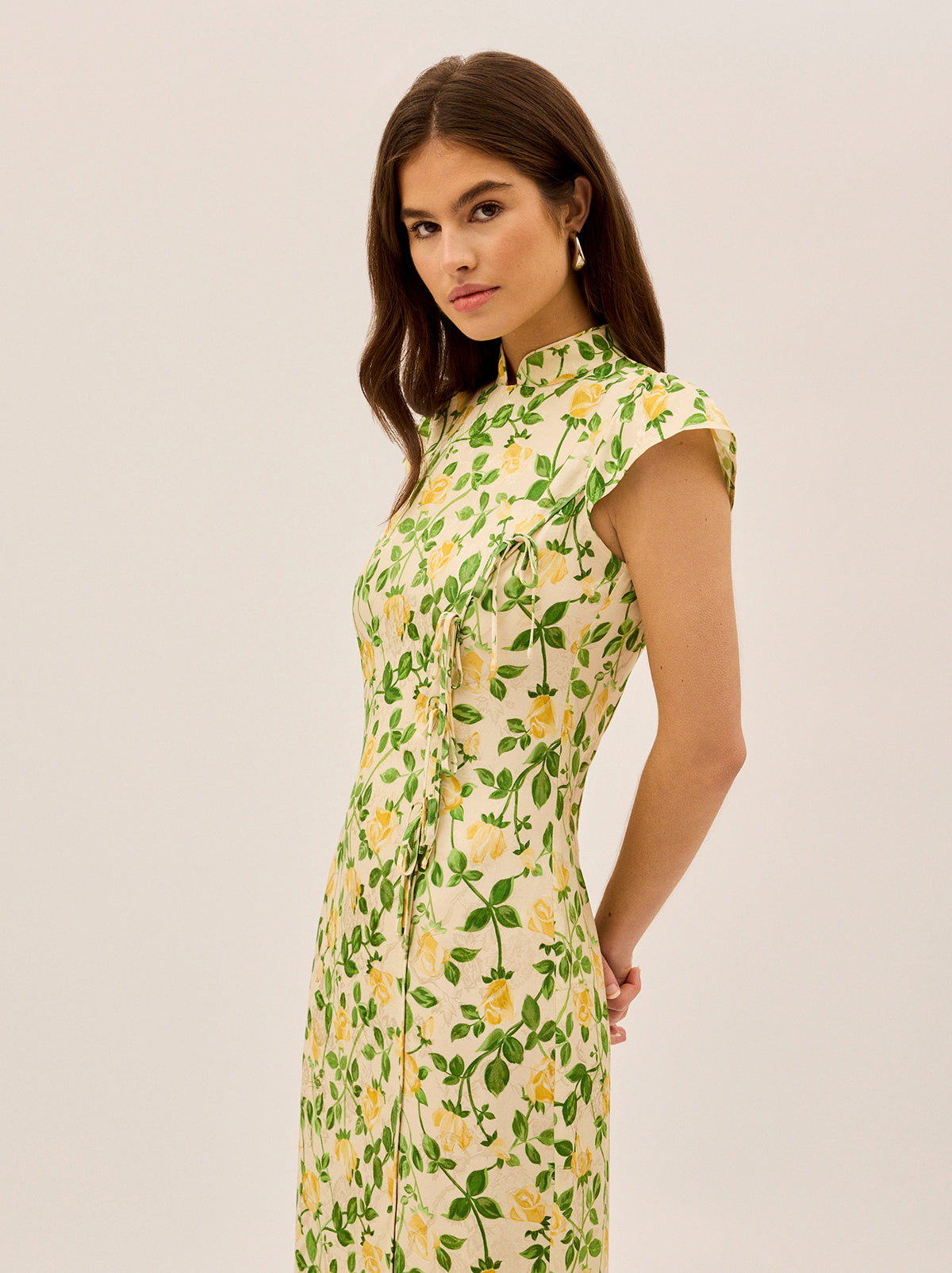 Elena Yellow Rose Printed Jacquard Dress