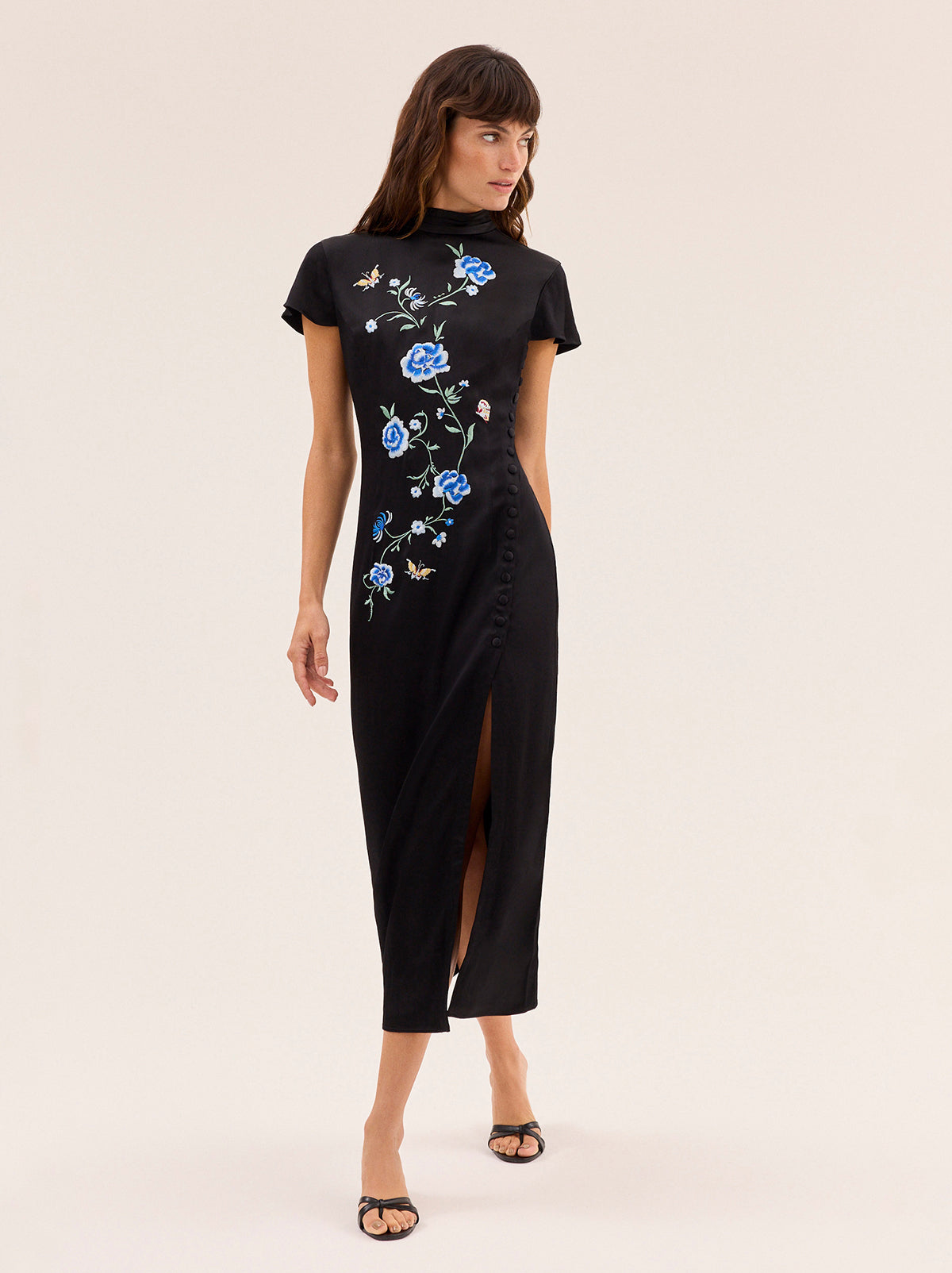Elspeth Black Satin Embroidered Dress