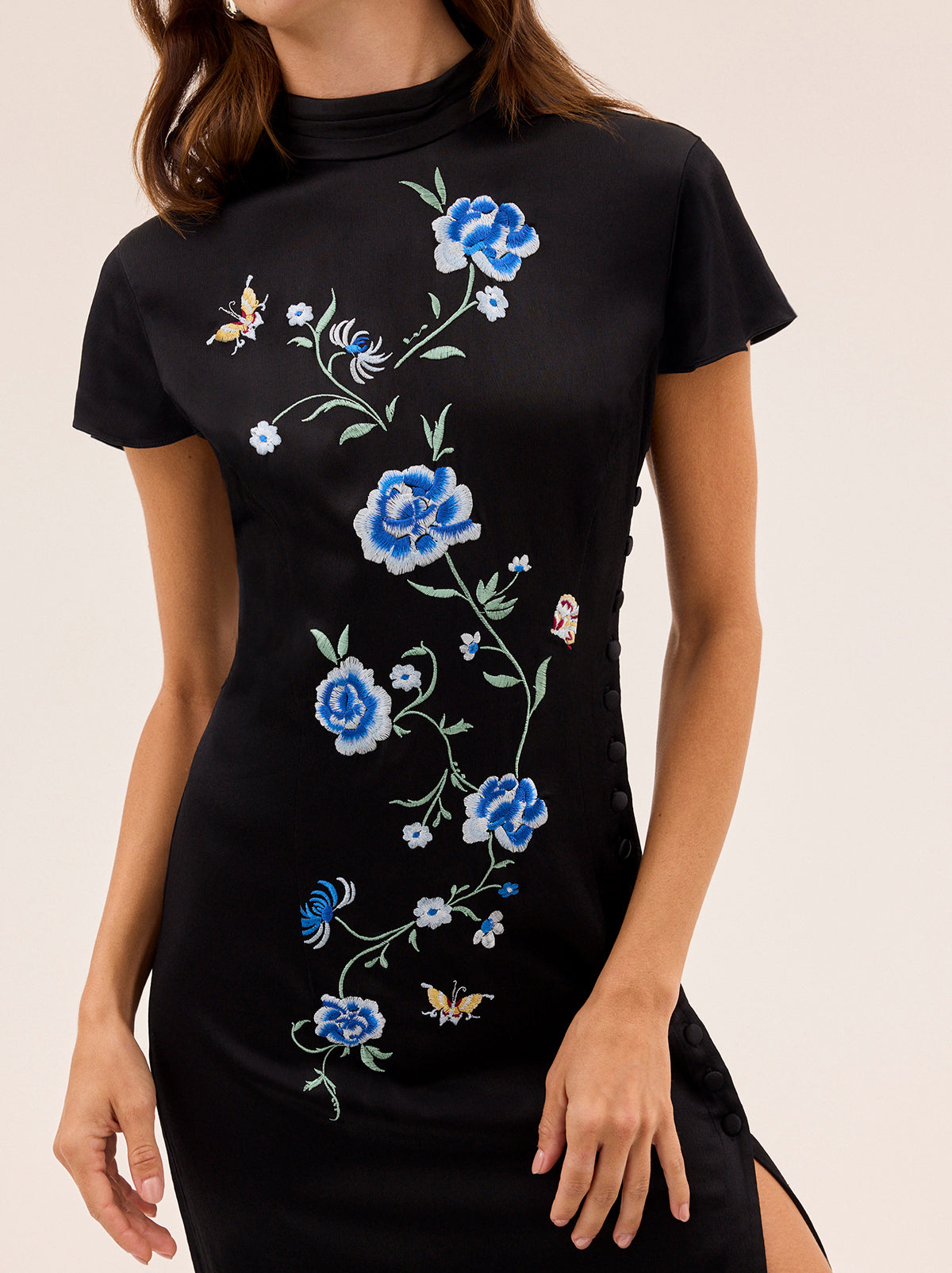 Elspeth Black Satin Embroidered Dress