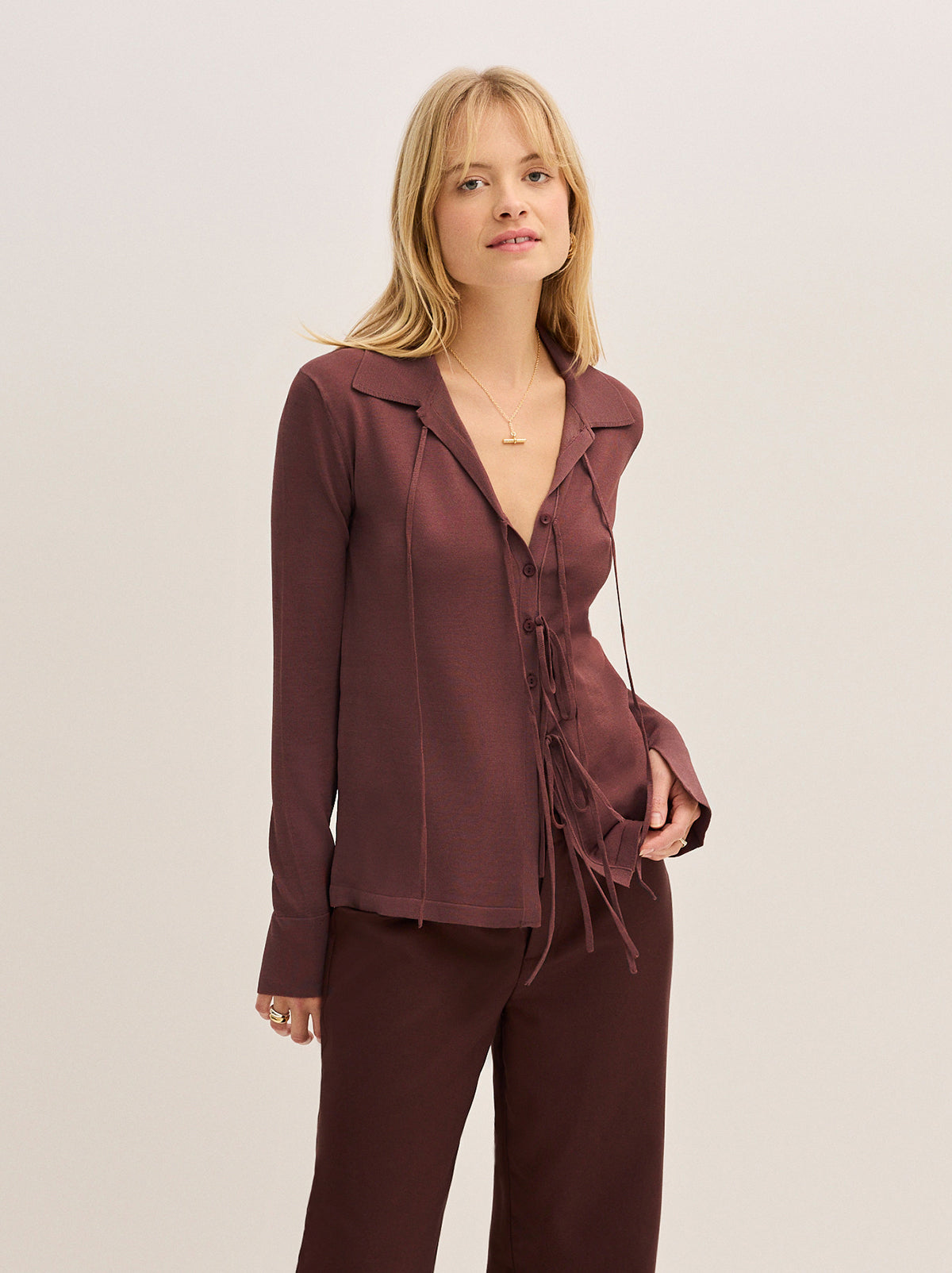 Farrah Mocha Tie Front Knit Top