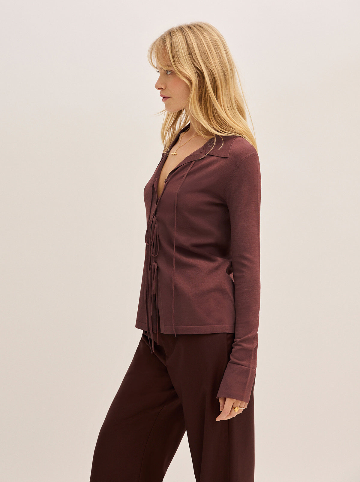 Farrah Mocha Tie Front Knit Top