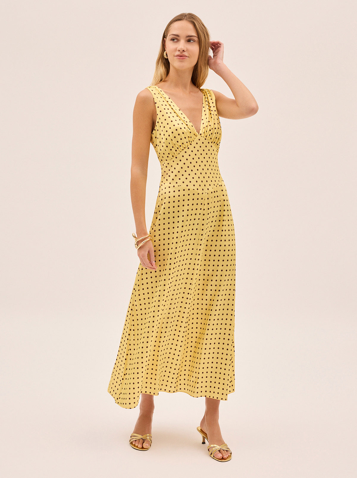 Gaia Yellow Pin Dot Print Dress