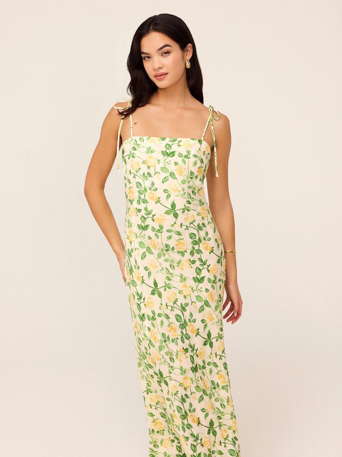 Giulia Yellow Rose Printed Jacquard Tie Shoulder Maxi Dress