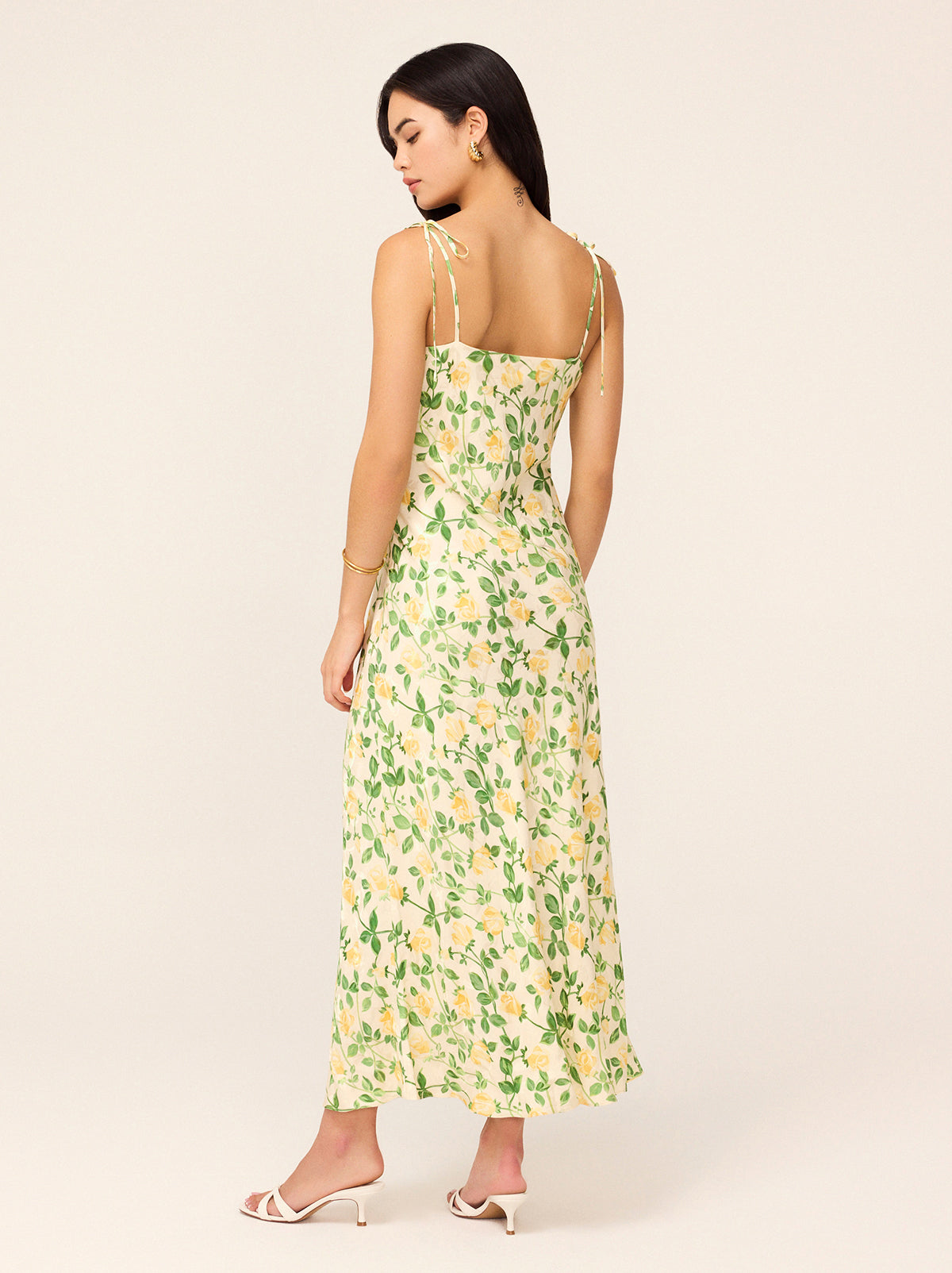 Giulia Yellow Rose Printed Jacquard Tie Shoulder Maxi Dress