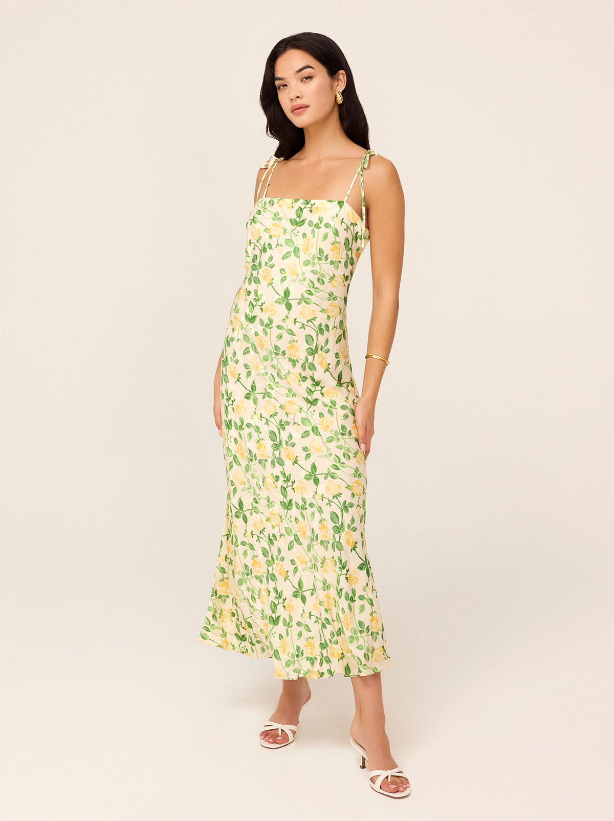 Giulia Yellow Rose Printed Jacquard Tie Shoulder Maxi Dress