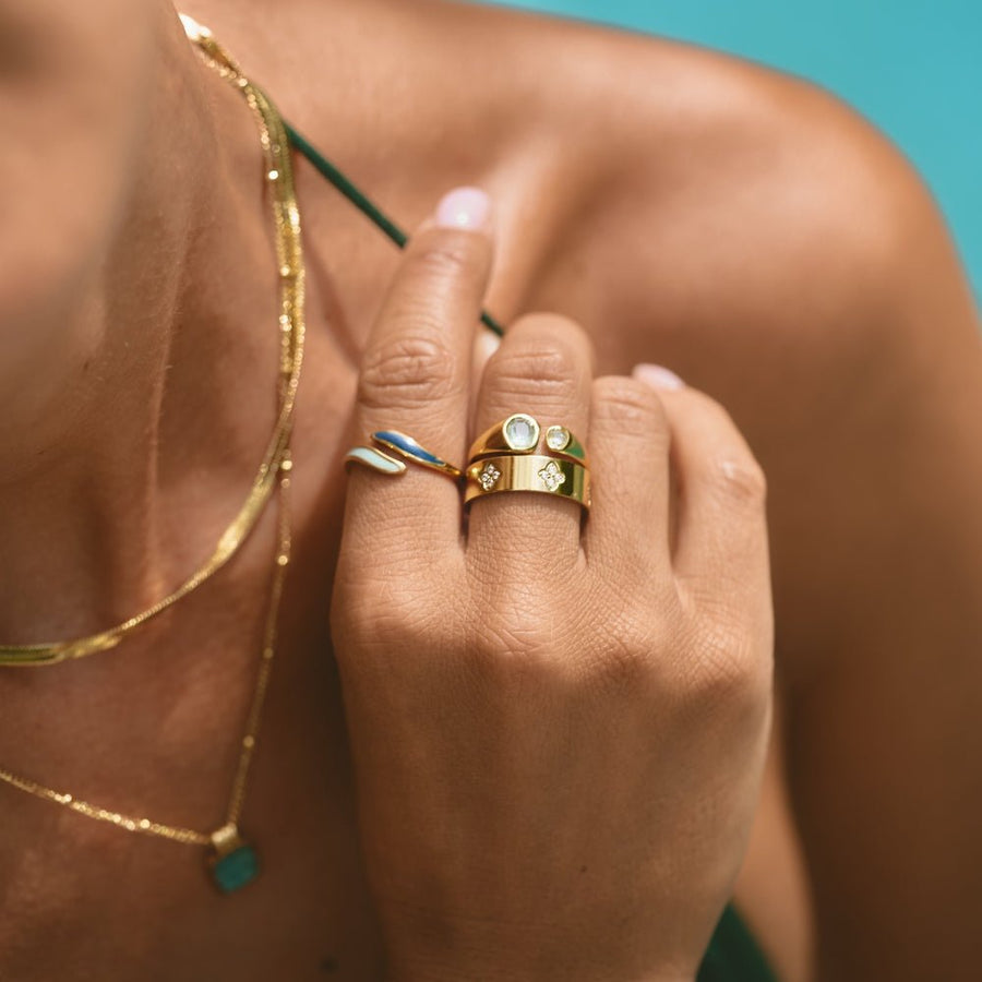 Gold Crystal Clover Band Ring