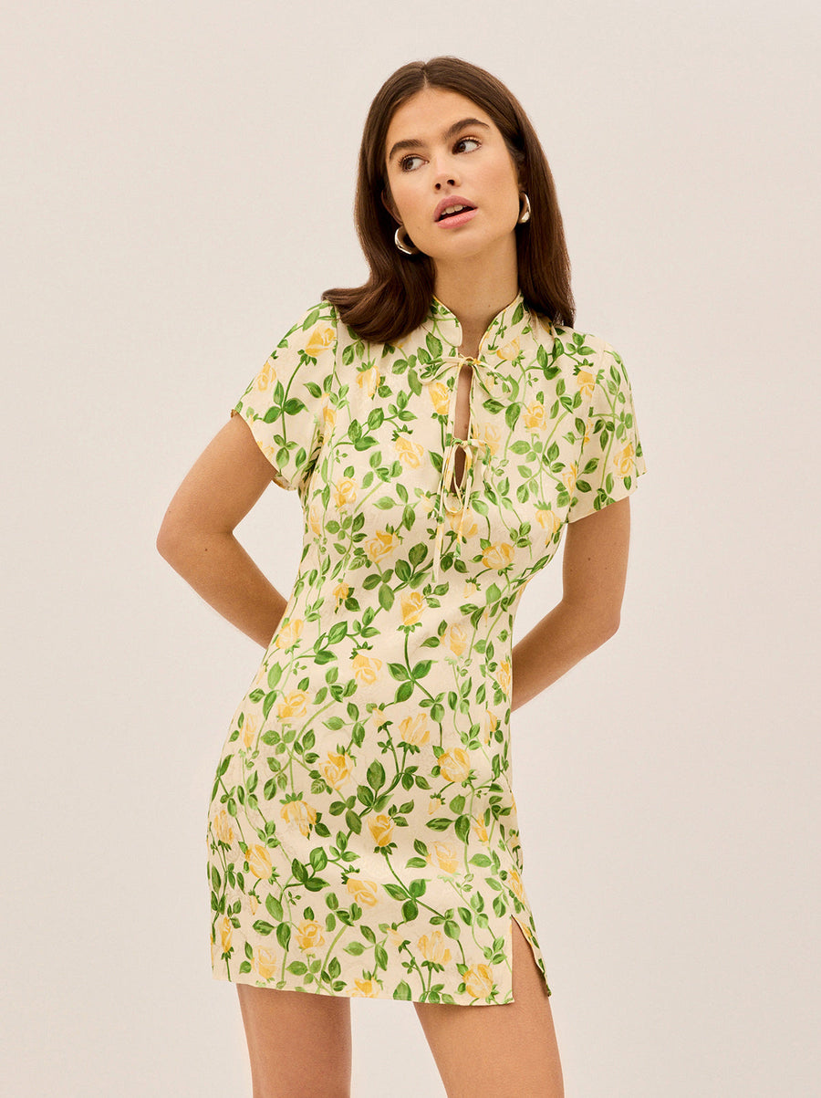 Gretchen Yellow Rose Printed Jacquard Mini Dress