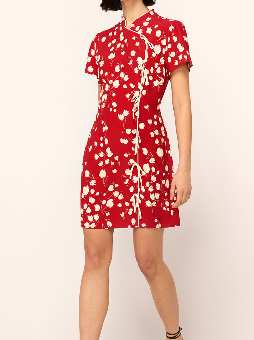 Harlow Red Scattered Tulip Print Mini Dress