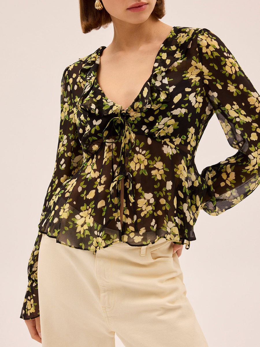 Ione Black Petal Print Top