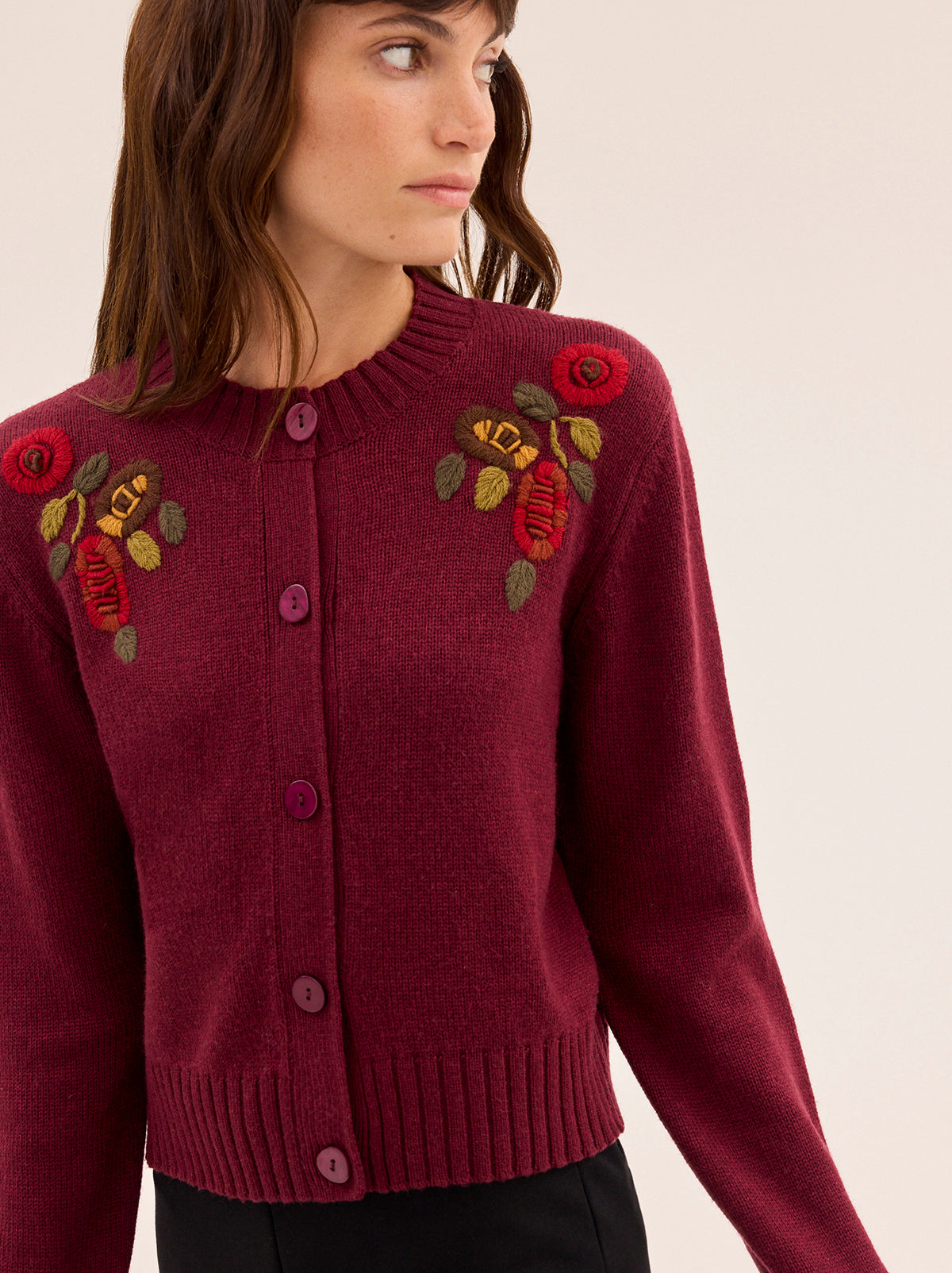 Isla Burgundy Hand-Embroidered Cardigan