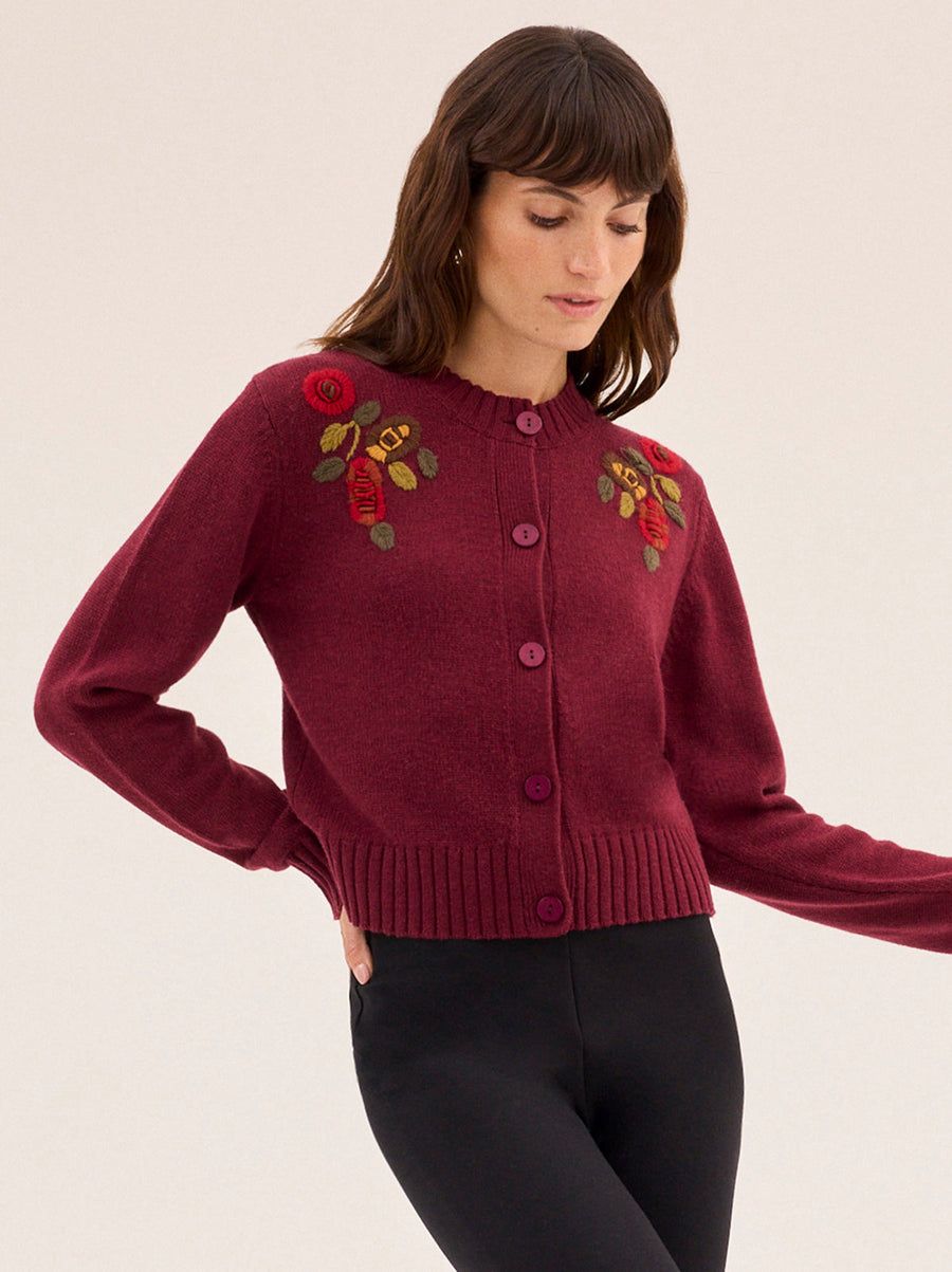 Isla Burgundy Hand-Embroidered Cardigan