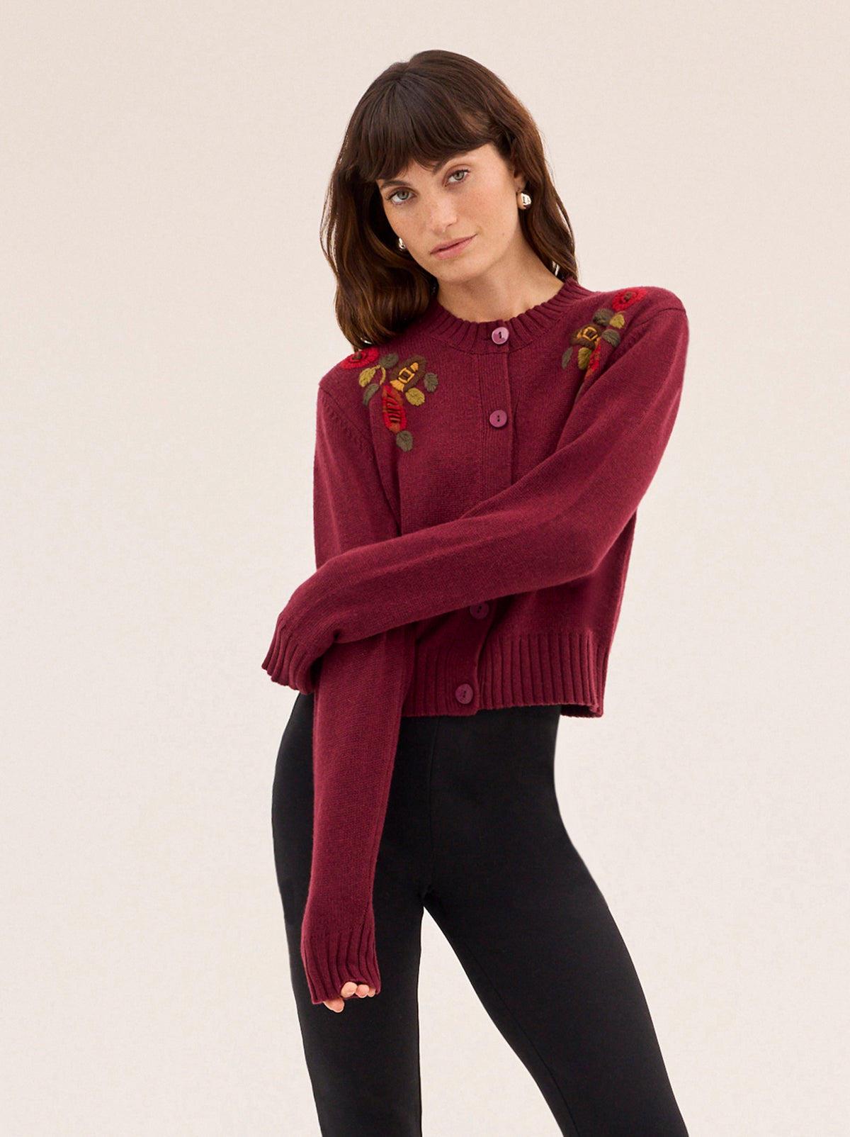 Isla Burgundy Hand-Embroidered Cardigan