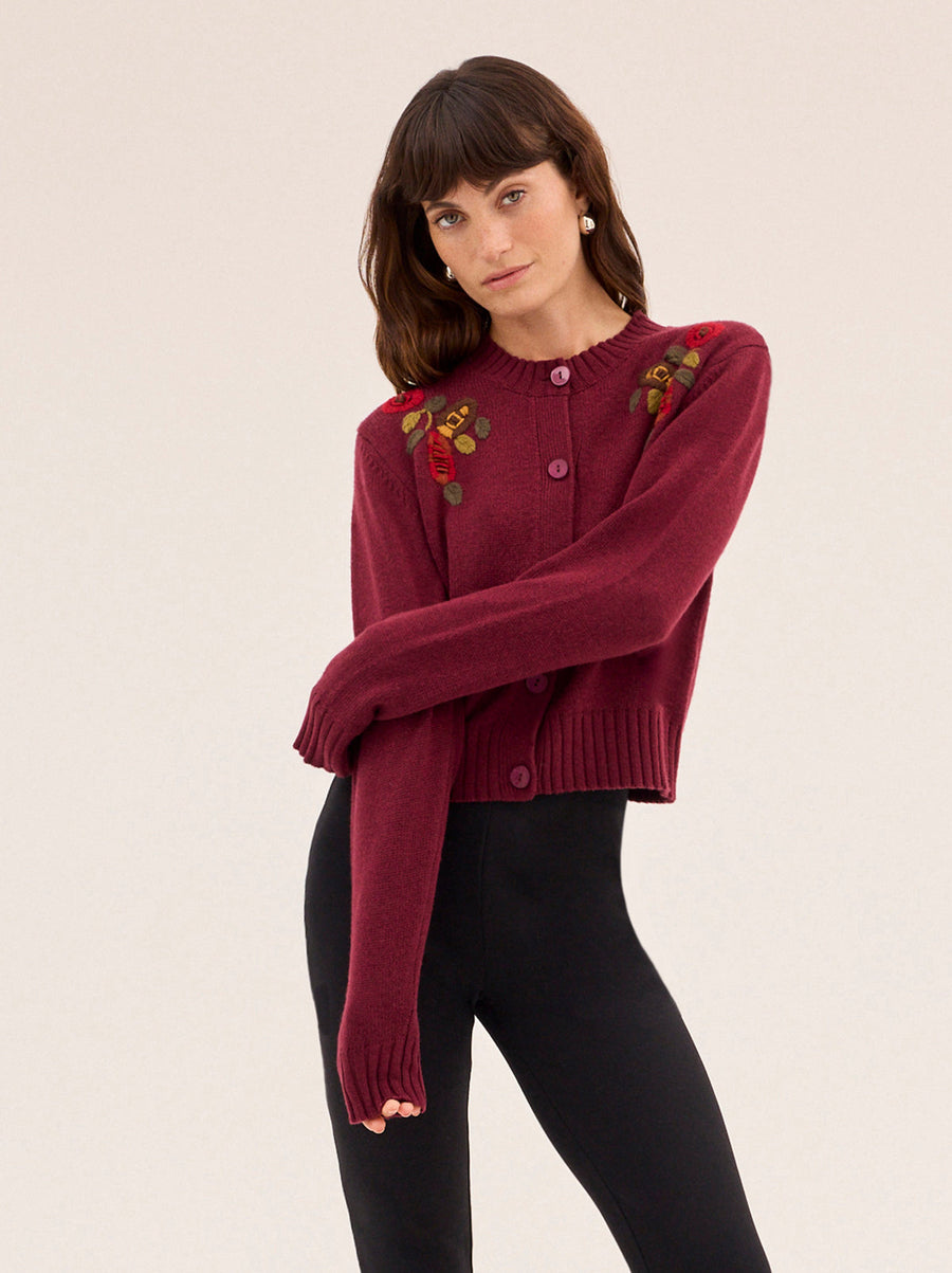 Isla Burgundy Hand-Embroidered Cardigan