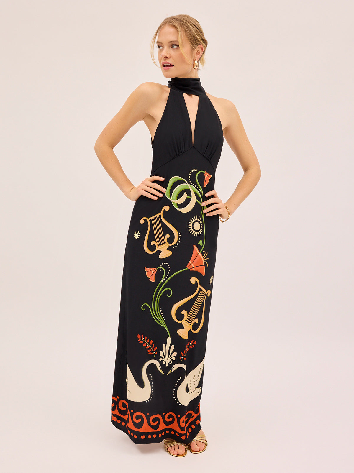 Jacquetta Black Cygnus And Lyra Print Halterneck Maxi Dress