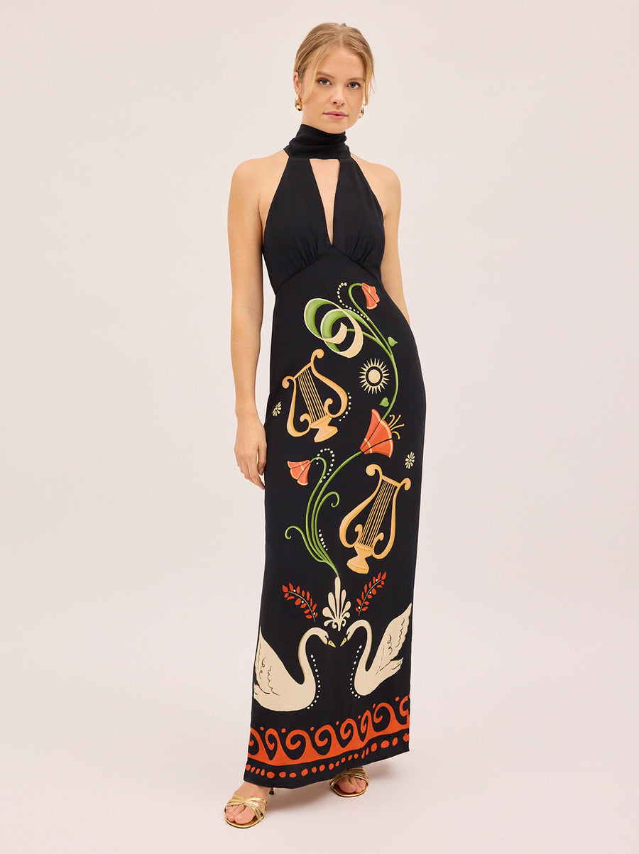 Jacquetta Black Cygnus And Lyra Print Halterneck Maxi Dress