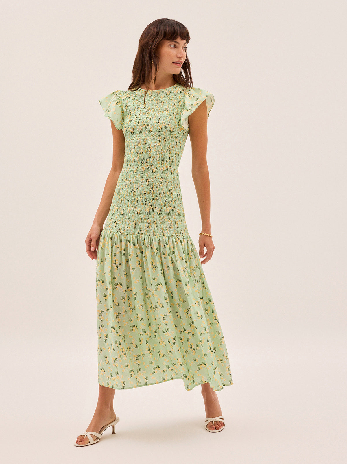 Jemima Green Cherry Print Shirred Maxi Dress